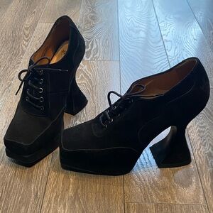 John Fluevog Black Suede Munster Platform Heels Sz 8